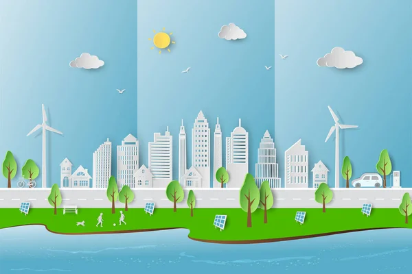 Umweltfreundliches Und Grünes Energiekonzept Mit Ökostadt Auf Papier Vektor Illustration — Stockvektor