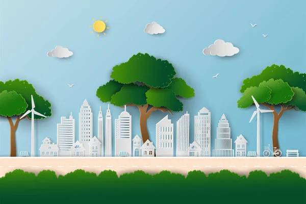 Umweltfreundlich Und Umweltschonend Landschaft Mit Sauberer Stadt Und Großen Bäumen — Stockvektor