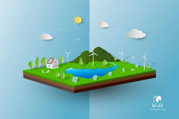Ekologiczna Zielona Energia Domem Panelami Słonecznymi Turbinami Wiatrowymi Rodzina Szczęśliwa — Wektor stockowy
