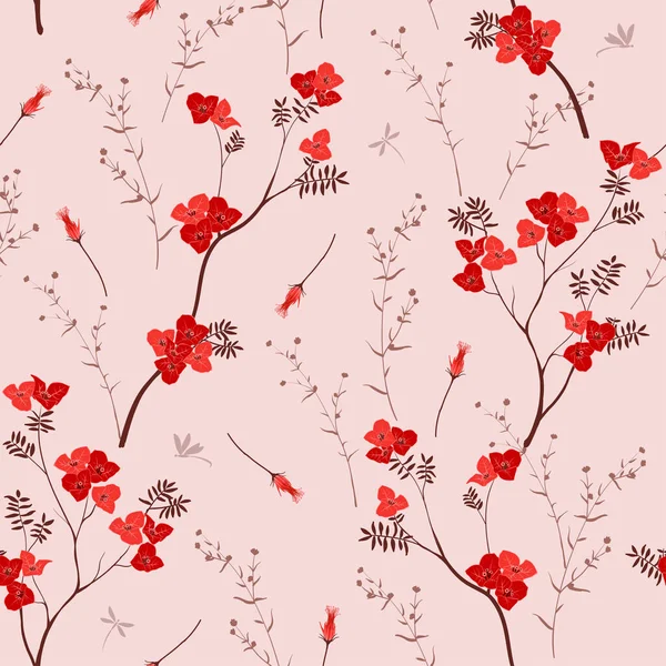 Hand Drawn Red Wild Flowers Dragonfly Seamless Pattern Pastel Background — Stock vektor