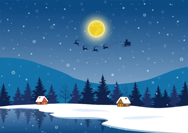 Winter Background Santa Claus Coming Countryside Frozen Lake Night Scene — Stockvektor