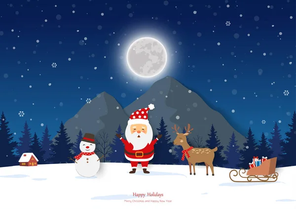 Night Scene Landscape Background Santa Claus Happy Winter Vector Illustration — Stockvektor