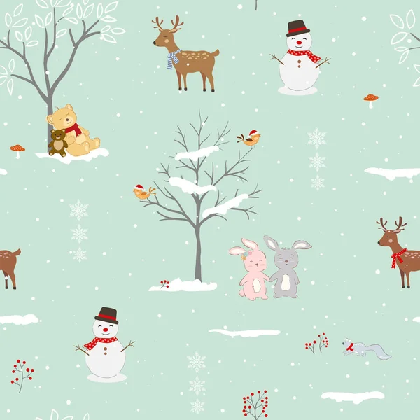 Příroda Bezešvé Vzor Roztomilé Kreslené Zvířata Šťastný Zimě Vektorové Ilustrace — Stockový vektor