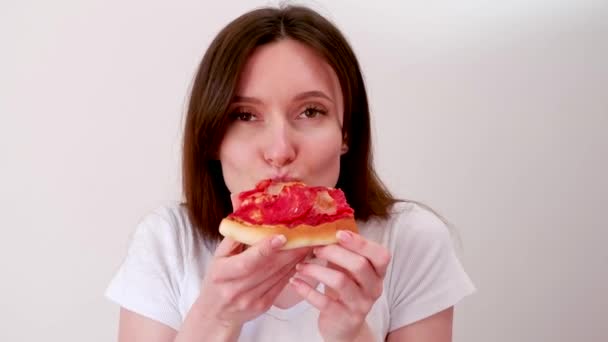 Happy Young Woman Eating Pizza White Background Close Footage — Stock Video