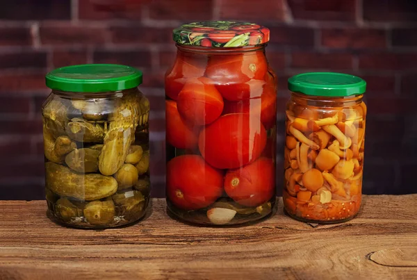 Glass Jars Homemade Canned Cucumbers Tomatoes Mushrooms — Stock Photo, Image