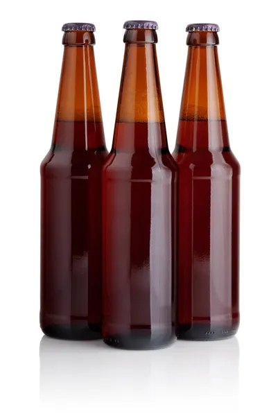 Tre Bottiglie Birra Marrone Sfondo Bianco — Foto Stock