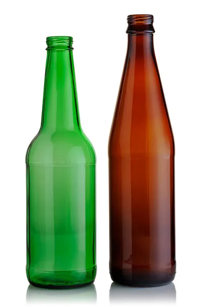 Due Bottiglie Birra Vuote Vetro Uno Sfondo Bianco — Foto Stock