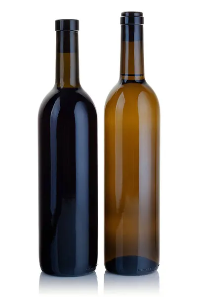 Una Bottiglia Vino Bianco Una Bottiglia Vino Rosso Fondo Bianco — Foto Stock