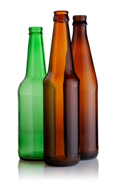 Tre Bottiglie Birra Vuote Vetro Sfondo Bianco — Foto Stock