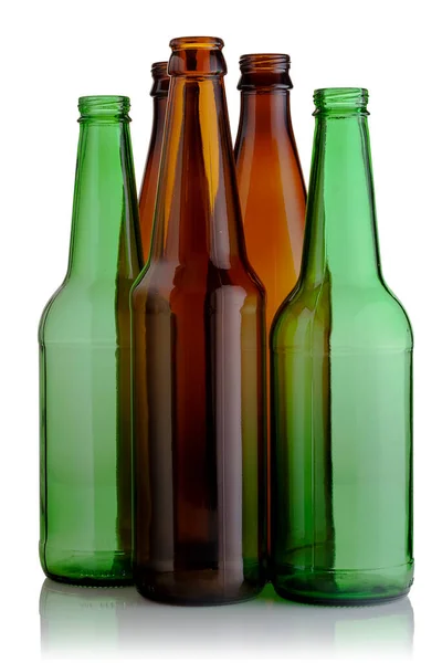 Bottiglie Birra Vetro Vuote Sfondo Bianco — Foto Stock