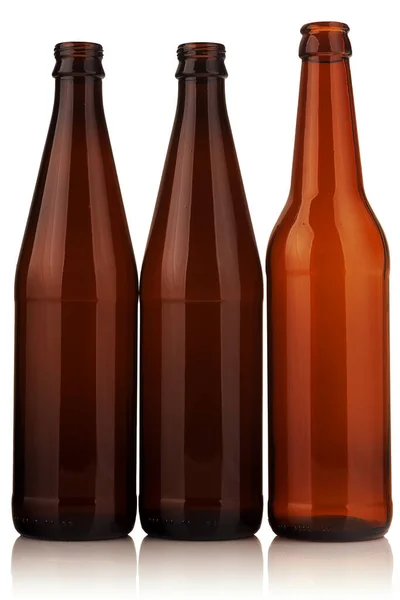 Three Empty Beer Bottles Made Brown Glass White Background — Foto Stock