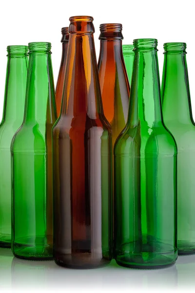 Bottiglie Birra Vetro Vuote Sfondo Bianco — Foto Stock