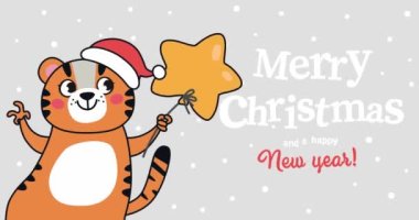 Bir kaplanın balon salladığı Noel videosu. Noel kartı..