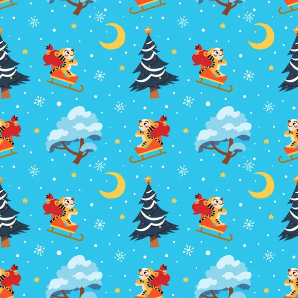 Julens Sömlösa Mönster Vektorillustration Med Årets Symbol Tigern Rullar Släde — Stock vektor