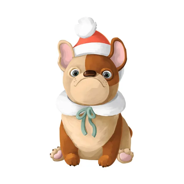 Bulldog Francês Engraçado Vestido Papai Noel Ilustração Natal Para Cartões — Fotografia de Stock