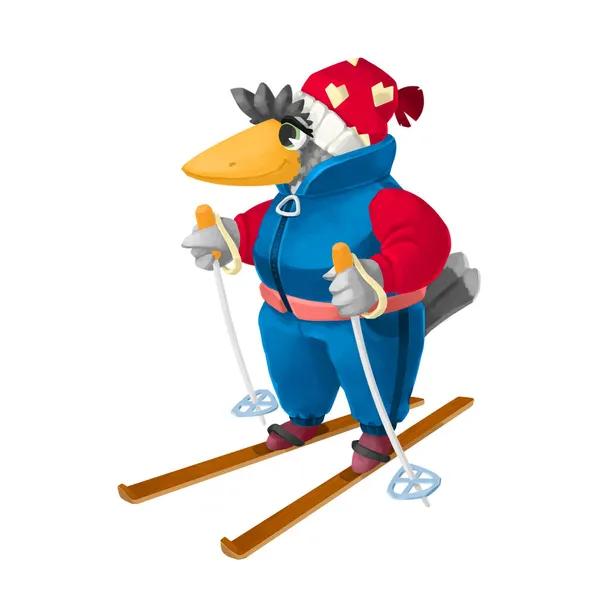 3D例证 一只穿着滑雪服和帽子的乌鸦 鸟类滑雪者 海报的冬季插图 — 图库照片