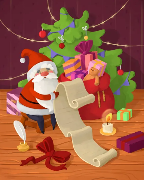 Neujahr Illustration Der Weihnachtsmann Sammelt Weihnachtsgeschenke Einer Tüte Illustration Für — Stockfoto