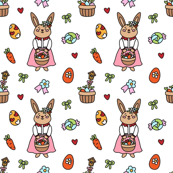 Vector Seamless Pattern Cute Easter Bunnies Colored Eggs Flowers Sweets — 图库矢量图片