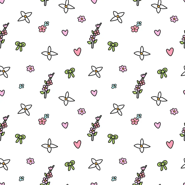 Vector Seamless Pattern Cute Easter Bunnies Colored Eggs Flowers Sweets — 图库矢量图片
