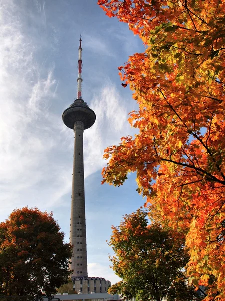 Herfst kleuren en televisietoren van vilnius in Litouwen — Stockfoto