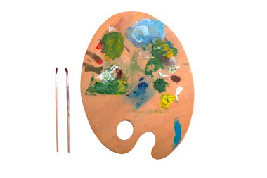 Beyaz arkaplanda farklı renkler izole edilmiş paletin üst görünümü