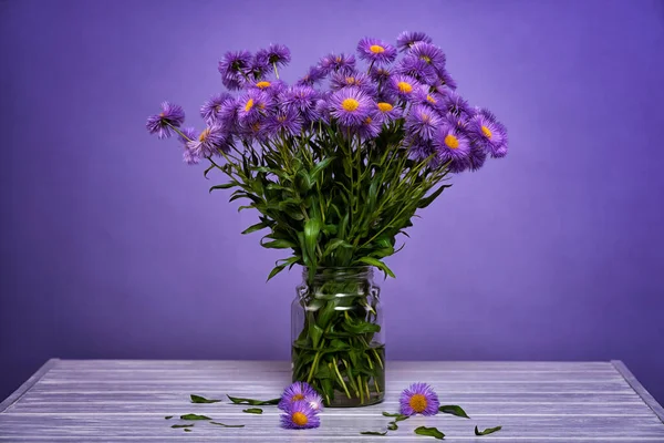 Kavanozda mor çiçekler. Yaban çiçekleri. Durgun hayat