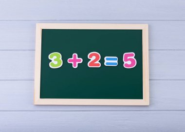 Manyetik numaraları olan okul yönetim kurulu. Örnekler çözülüyor. Çocuklar için Matematik