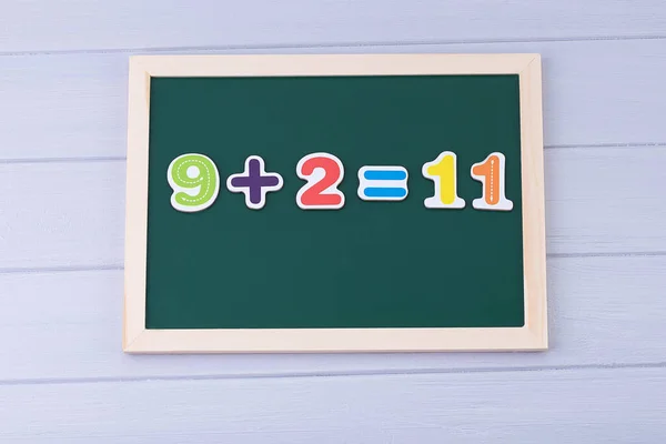 School board with magnetic numbers. Solving examples. Math for kids