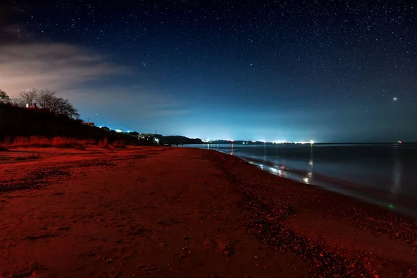 Vista Del Mar Por Noche Con Luz Roja Playa Ochakov —  Fotos de Stock