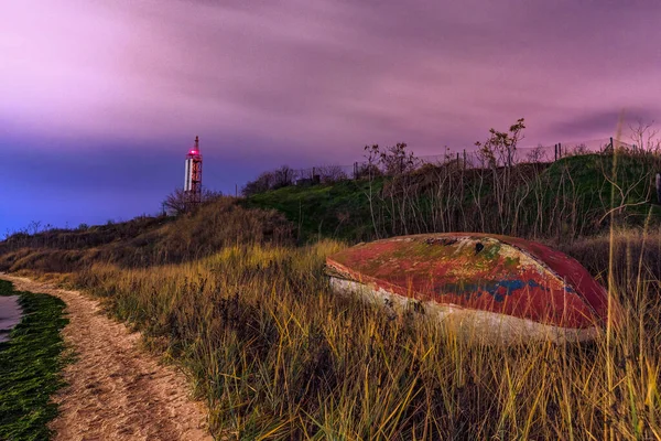 Boat Beach Night Lighthouse Back Beautiful Landscape — Zdjęcie stockowe