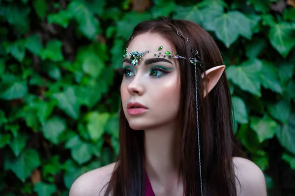 Portrait Fantasy Elven Princess Green Forest Summer Nature Forest Green - Stok İmaj