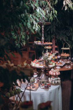 Lokantada şekerli büfe masası. Çiçeklerle süslenmiş bir yüzeyde kekler, pastalar, gurme şekerlemeler. 
