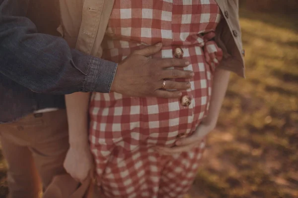 Jonge Zwangere Vrouw Een Mooie Jurk Haar Man Wandelen Een — Stockfoto