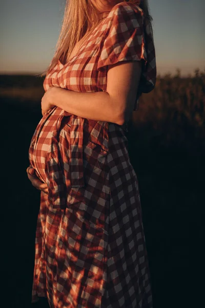 Mladá Těhotná Žena Krásných Šatech Chůze Letním Poli — Stock fotografie