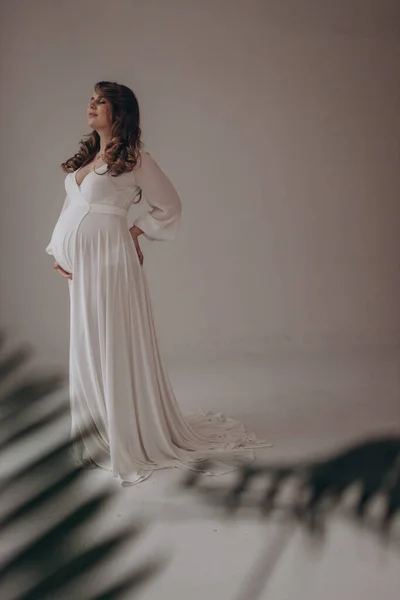 Junge Schöne Luxuriöse Schwangere Frau Posiert Auf Einem Soliden Hintergrund — Stockfoto