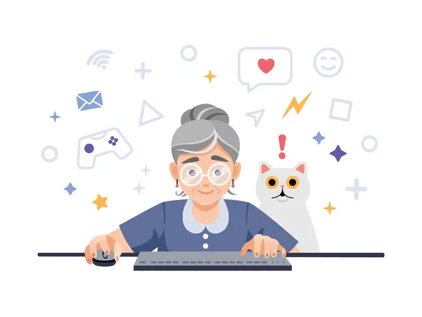 Mutlu Yaşlı Yaşlı Bir Kadın Emekli Büyükannesi Bilgisayar Başında Bilgisayar — Stok Vektör