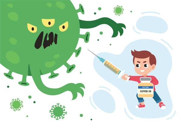 Geimpfter Junge im Kampf gegen das Coronavirus-Monster. Vektor-Illustration zur Impfung von Kindern im flachen Stil. — Stockvektor