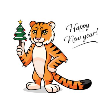 Vektör karikatür Tiger. Karakter, maskot, sembol, Çin Yeni Yılı işareti. Tiger, Noel ağacını tutuyor. Mutlu yeni yıl mektupları. Ay yeni yılı, kaplan kartpostalı yılı, illüstrasyon