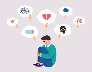 Düz bir şekilde zihinsel sorunlarla ilgili vektör çizimi. Depresyon belirtileriyle çevrili genç bir çocuk..