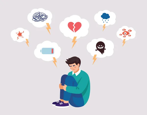 Düz bir şekilde zihinsel sorunlarla ilgili vektör çizimi. Depresyon belirtileriyle çevrili genç bir çocuk..