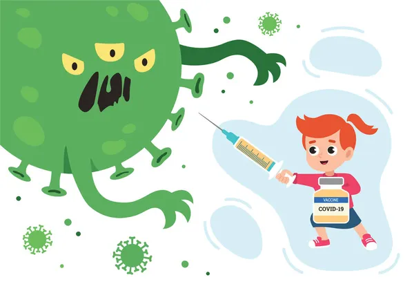 Geimpftes Mädchen mit Spritze als Schwert und Flasche Impfstoff als Schild kämpft mit Coronavirus-Monster. — Stockvektor