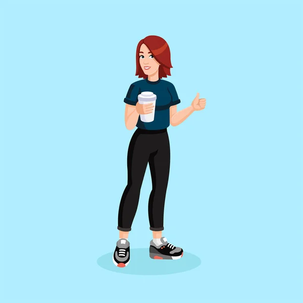 Pelirroja chica deportiva en ropa deportiva con taza de café en las manos, muestra los pulgares hacia arriba. — Vector de stock