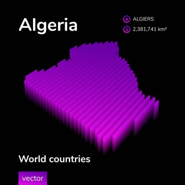 Cezayir 'in 3 boyutlu haritası. Cezayir 'in stilize edilmiş neon dijital vektör haritası mor ve mor renklerde.