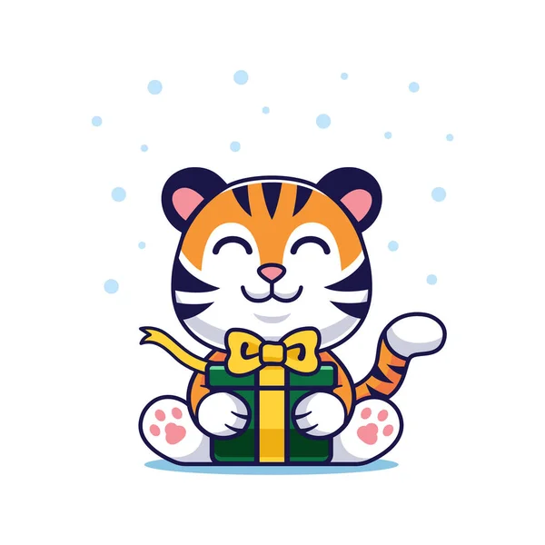 Little tiger holds gift box cartoon icon illustration. Cute Kawaii flat icon concept isolated — Stock Vector