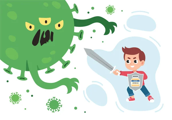 Gevaccineerde jongen met zwaard en schild tegen het coronavirus monster. — Stockvector