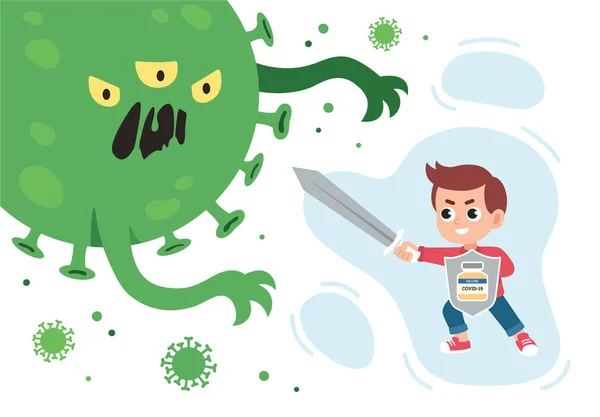 Niño vacunado con espada y escudo luchando contra el monstruo coronavirus. — Vector de stock