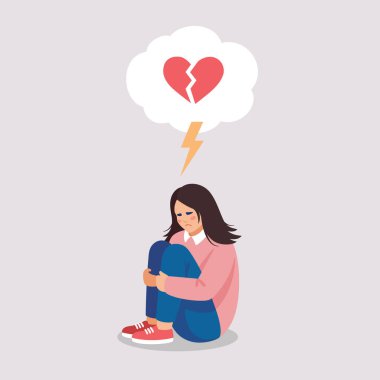 Kalbi kırık bir kız depresyon belirtileri gösterir. Düz biçimdeki zihinsel sorunlarla ilgili vektör illüstrasyonu.