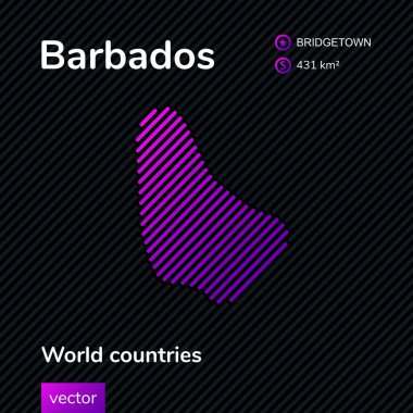 Stylized vector map of Barbados in violet colors on black striped background
