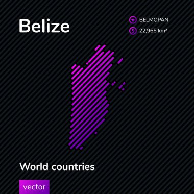 Stylized vector flat map of Belize in violet colors on black striped background
