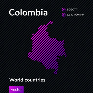Vector stylized flat map of Colombia in violet and black colors on striped background